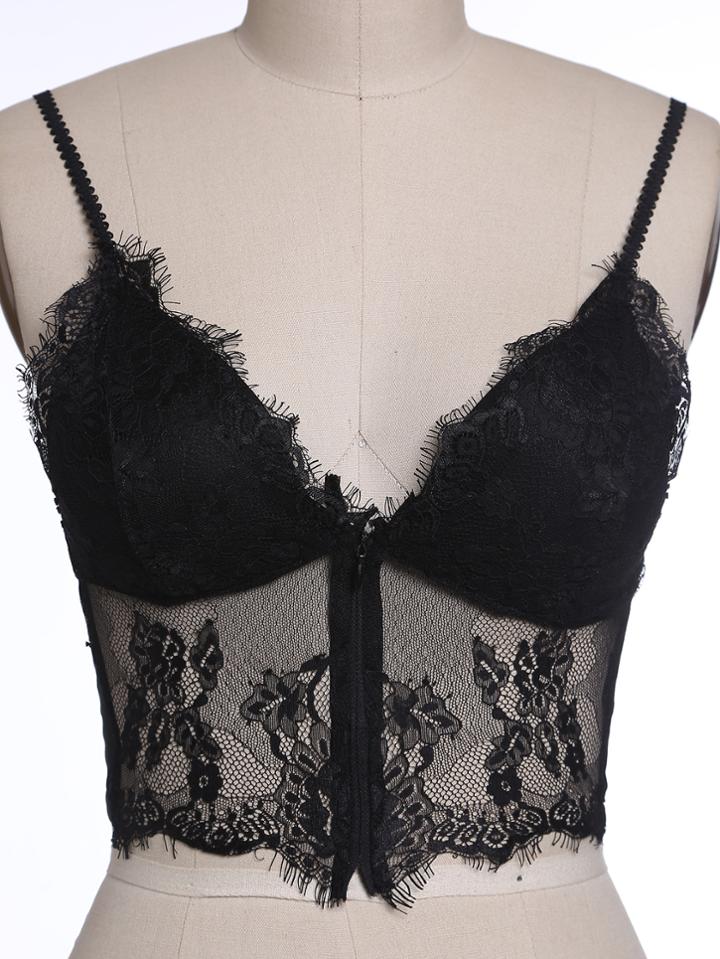Shein Black Eyelash Lace Overlay Zipper Front Crop Cami Top