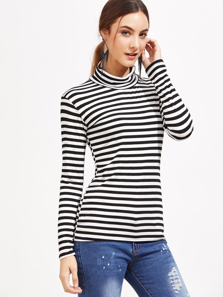 Shein Black And White Striped High Neck T-shirt