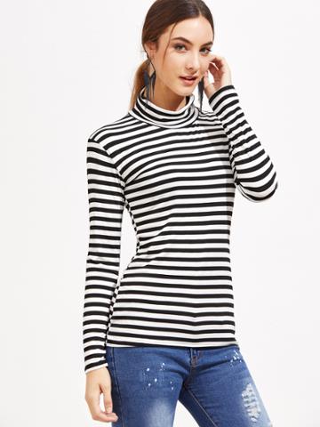 Shein Black And White Striped High Neck T-shirt