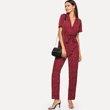 Shein Waist Knot Notched Neck Polka Dot Jumpsuit