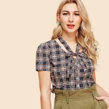 Shein Tie Neck Button Up Plaid Shirt