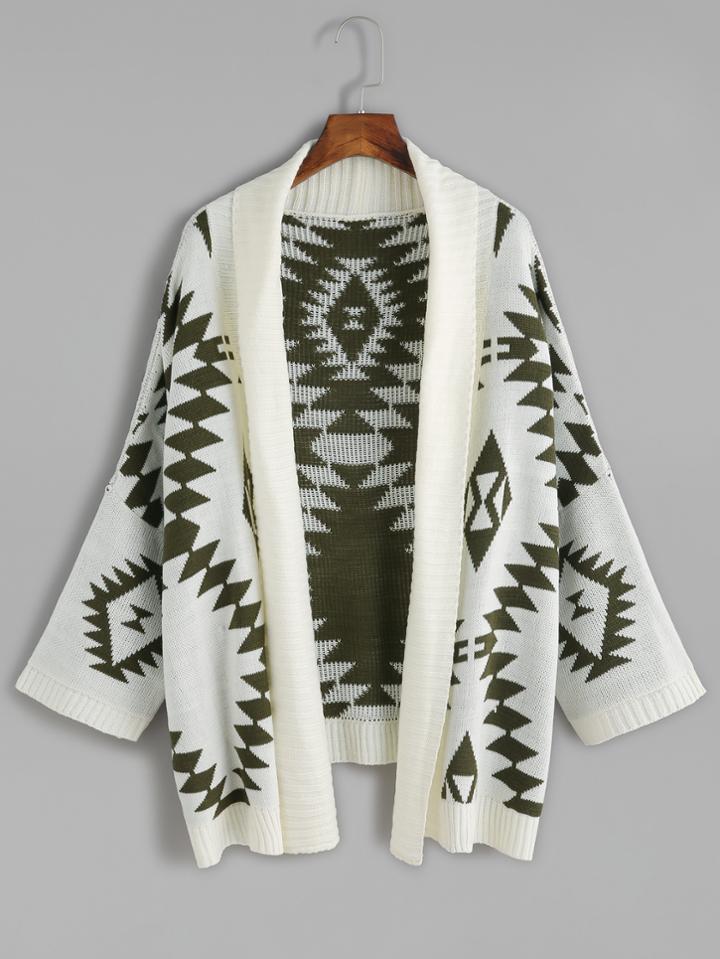 Shein Green Batwing Long Sleeve Geometric Cardigan Sweater