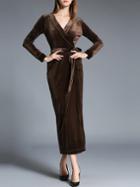 Shein Coffee V Neck Tie-waist Velvet Sheath Dress