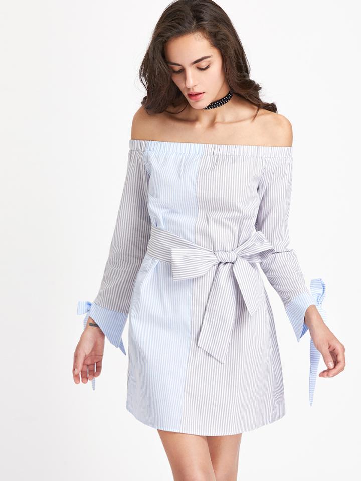 Shein Bardot Contrast Striped Tie Cuff Dress With Self Tie