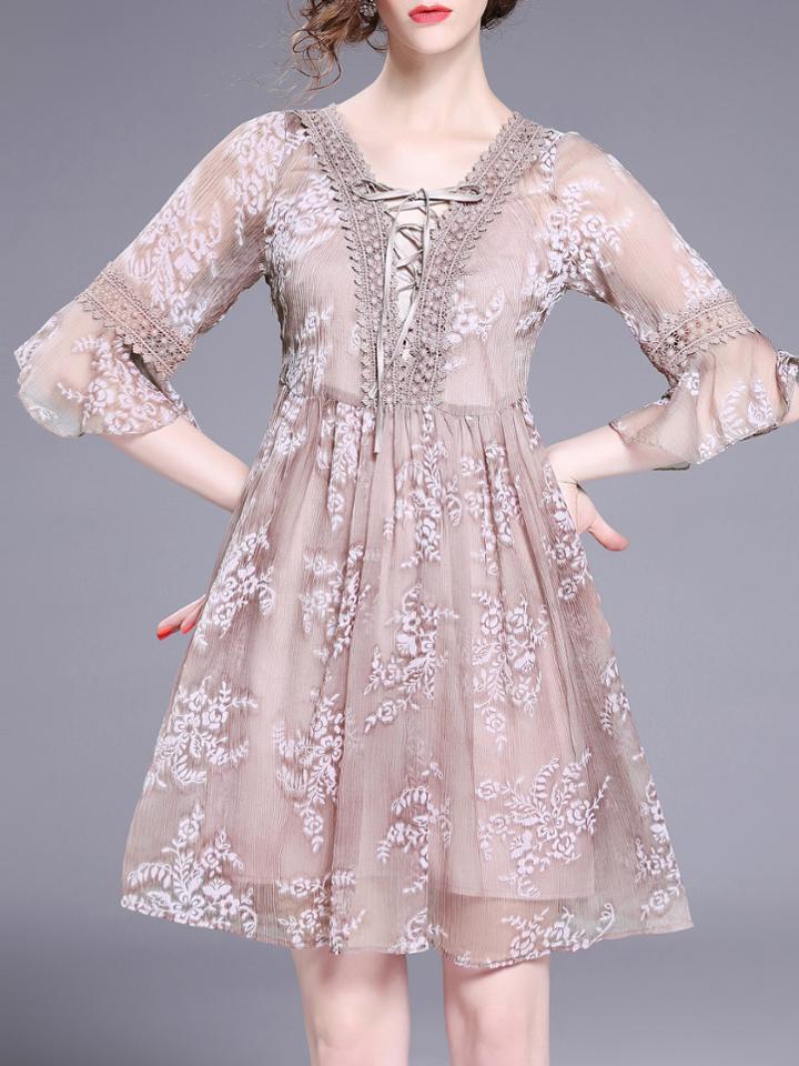 Shein Lace Up Bell Sleeve Print Dress