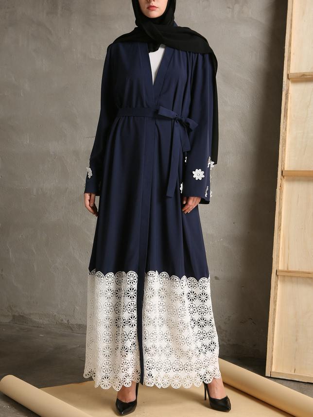 Shein Contrast Hollow Out Crochet Hem Self Tie Longline Abaya