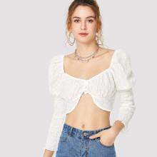 Shein Puff Sleeve Button Front Crop Top