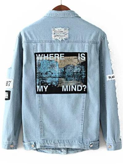 Shein Blue Lapel Vintage Ripped Denim Coat