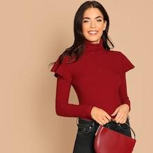 Shein Ruffle Detail High Neck Ribbed Knit Tee