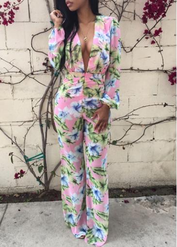 Rosewe Flower Print Plunging Neck Long Sleeve Jumpsuit
