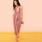 Shein Open Back Slit Side Striped Halter Jumpsuit