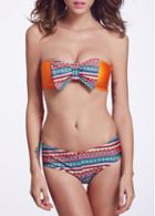 Rosewe Two Piece Bowtie Decorated Striped Strapless Bikini