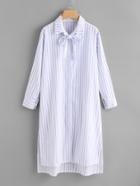 Shein Vertical Striped Bow Tie Detail Slit Side Shirt Dress