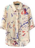 Shein Apricot Lapel Half Sleeve Print Dipped Hem Blouse