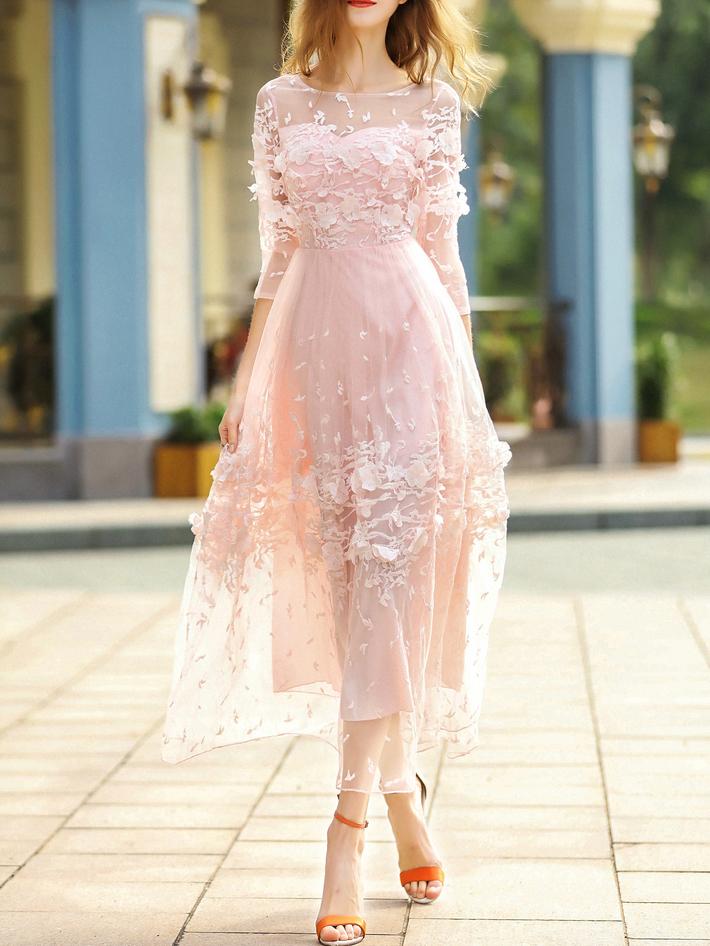 Shein Pink Contrast Crochet Gauze Maxi Dress
