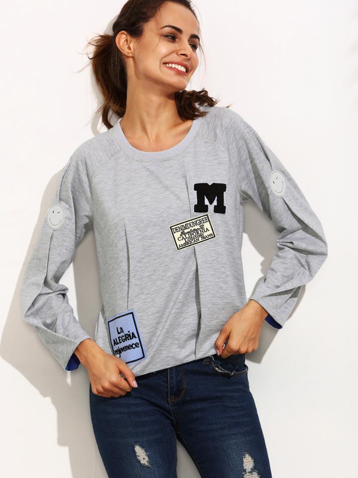 Shein Grey Patchwork Round Neck Long Sleeve Sweatshirt