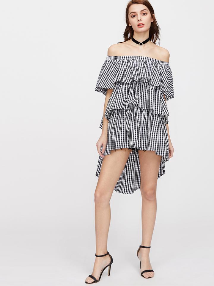 Shein Off Shoulder Checkered High Low Layered Dress