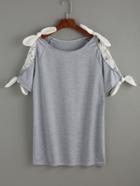 Shein Grey Lace Insert Tie Sleeve T-shirt