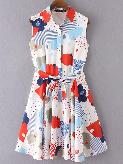 Shein Multicolor Lapel Printed Dress With Belt