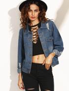 Shein Blue Lapel Button Ripped Denim Jacket