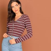 Shein Button Front Striped Crop Tee