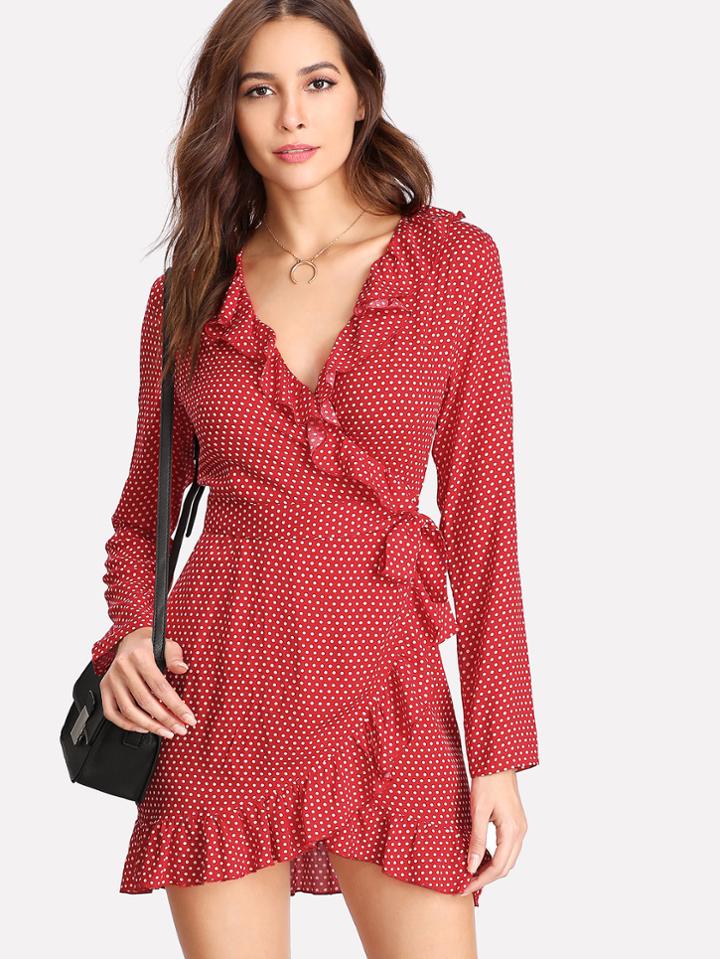 Shein Flounce Trim Knotted Surplice Dress