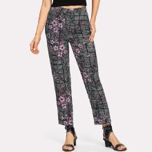 Shein Floral And Plaid Print Pants
