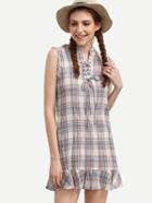 Shein Multicolor Plaid Lace-up Ruffled Hem Dress