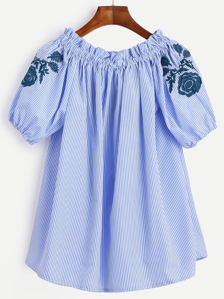 Shein Blue Stripe Lantern Sleeve Floral Embroidered Blouse
