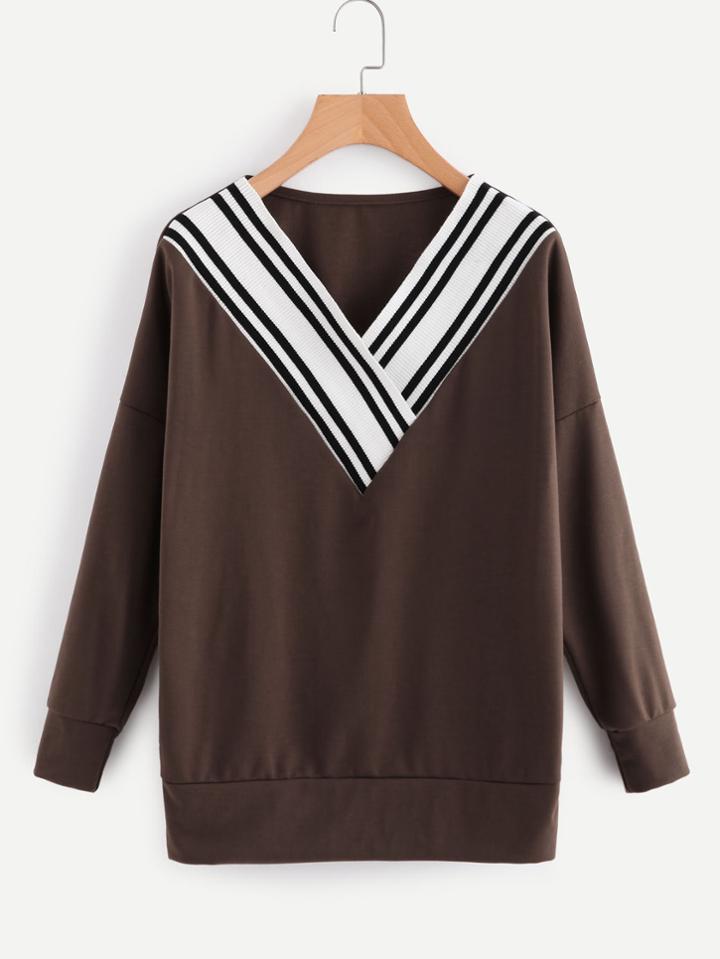 Shein Drop Shoulder Contrast Striped V Neckline Sweatshirt