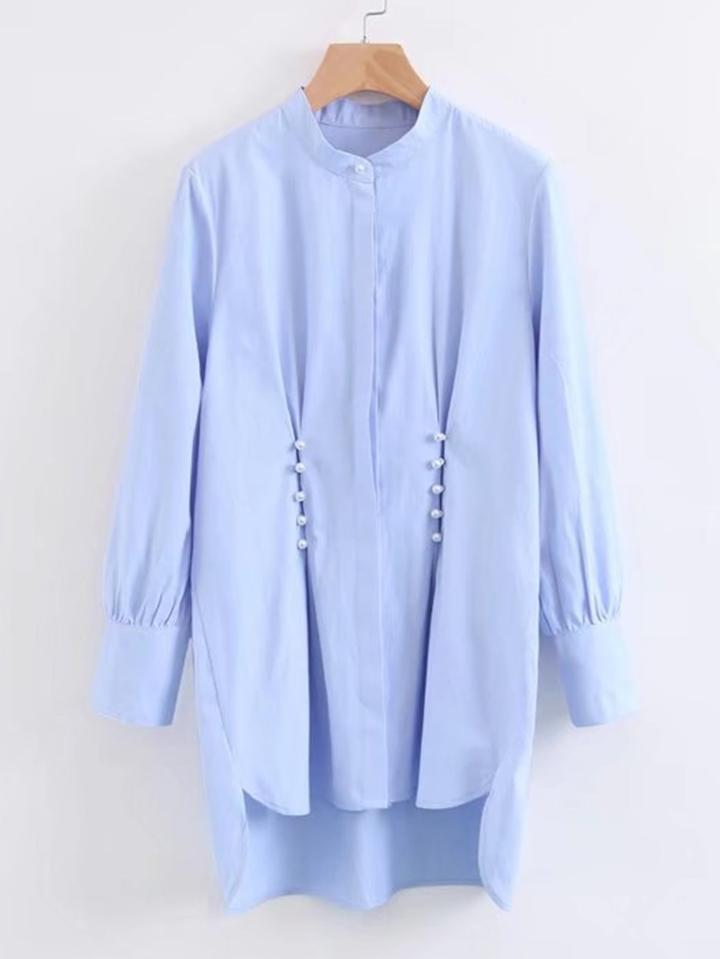 Shein Faux Pearl Pleated Detail High Low Blouse