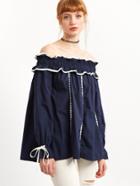 Shein Blue Off The Shoulder Contrast Lace Up Blouse