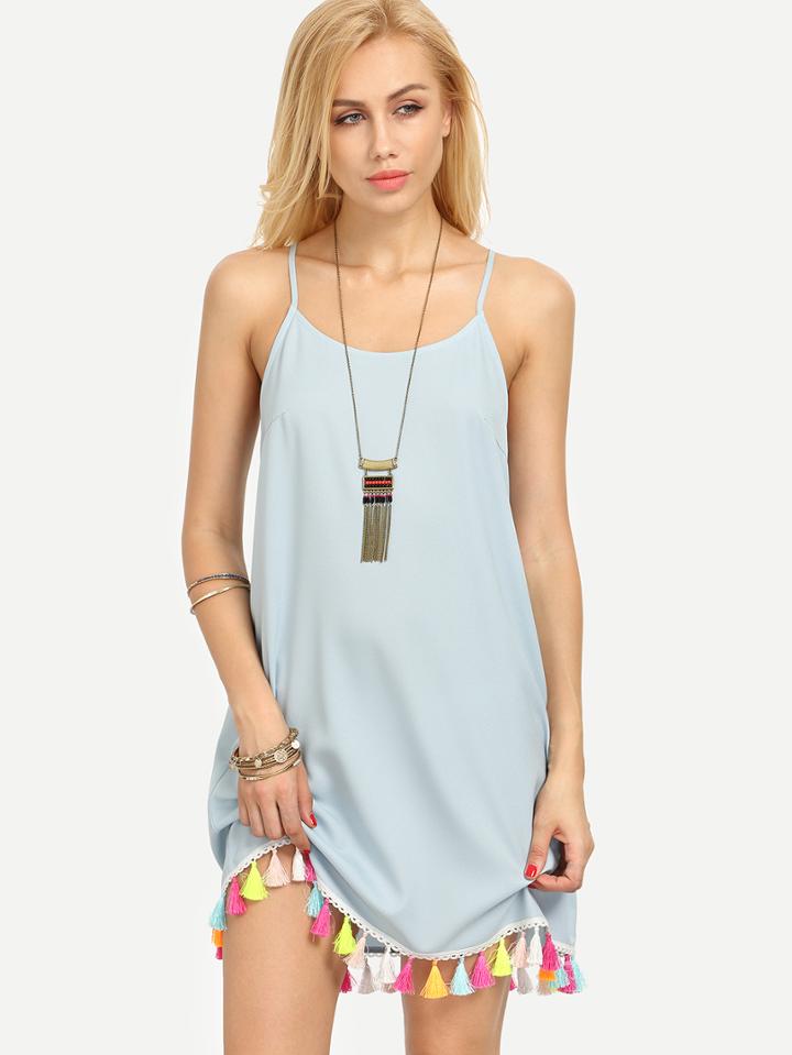 Shein Blue Spaghetti Strap Tassel Shift Dress