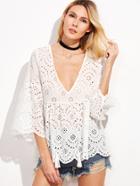 Shein White Scalloped Hollow Out Deep V Neck Bell Sleeve Blouse