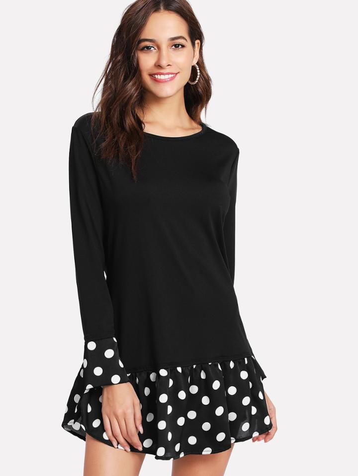 Shein Contrast Polka Dot Cuff And Hem Drop Waist Dress
