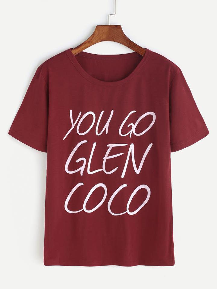 Shein Burgundy Slogan Print Short Sleeve T-shirt