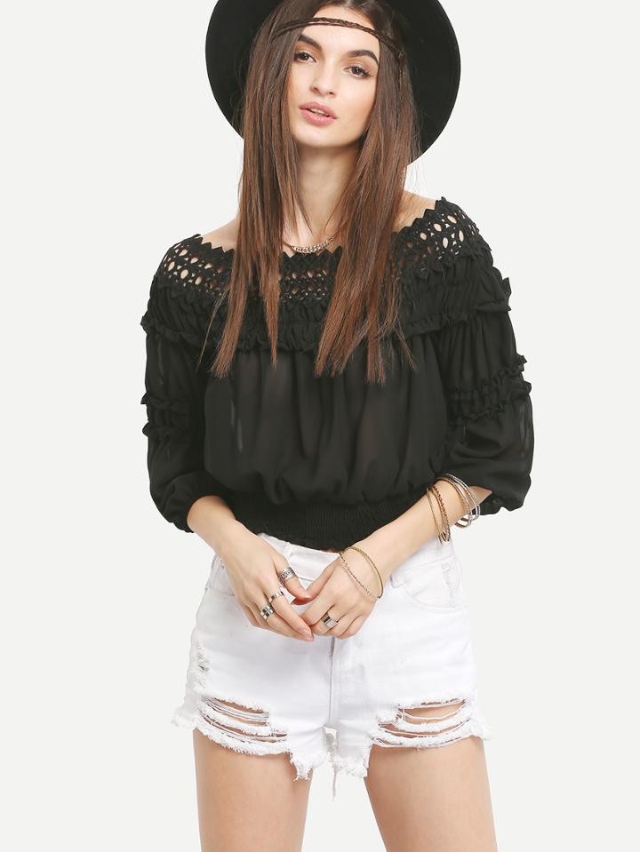 Shein Crochet Trimmed Boat Neck Lantern Sleeve Blouse