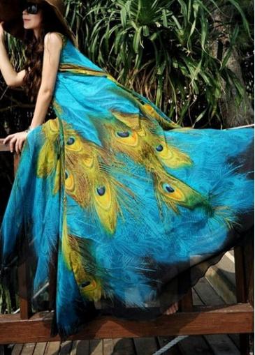 Rosewe Sleeveless Peacock Feather Print Maxi Dress