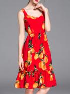 Shein Red Strap Backless Lemons Frill Dress