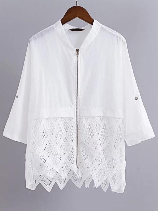 Shein White Elbow Sleeve Lace Trim Zipper Up Coat