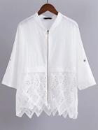 Shein White Elbow Sleeve Lace Trim Zipper Up Coat