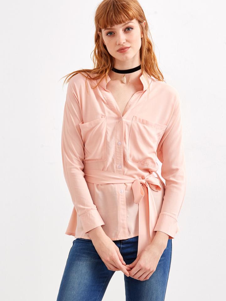 Shein Apricot Self Tie Pockets Shirt