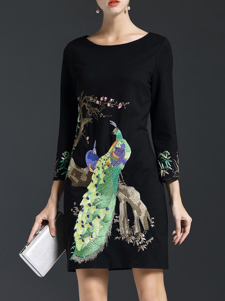 Shein Black Peacock Embroidered Sheath Dress
