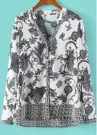 Rosewe Comfy V Neck Long Sleeve Print Chiffon Blouse With Button