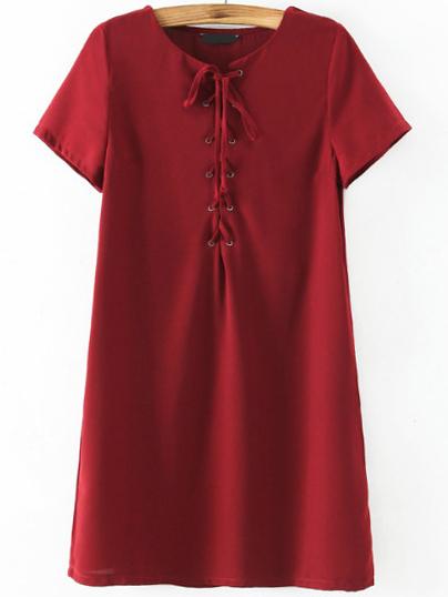 Shein Burgundy Short Sleeve Lace Up Dress