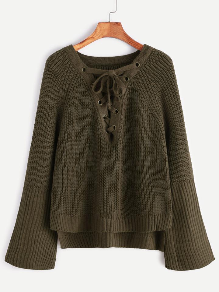 Shein V Neck Raglan Sleeve Lace Up High Low Sweater