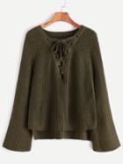 Shein V Neck Raglan Sleeve Lace Up High Low Sweater