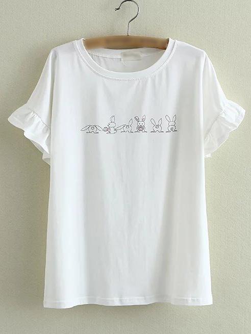 Shein White Round Neck Bell Sleeve Rabbits Printed T-shirt