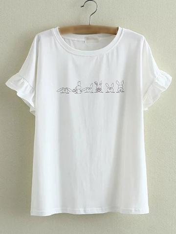 Shein White Round Neck Bell Sleeve Rabbits Printed T-shirt