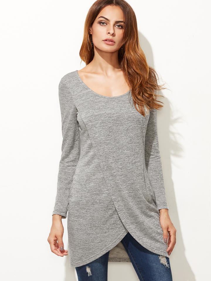 Shein Grey Marled Overlap Front Longline T-shirt